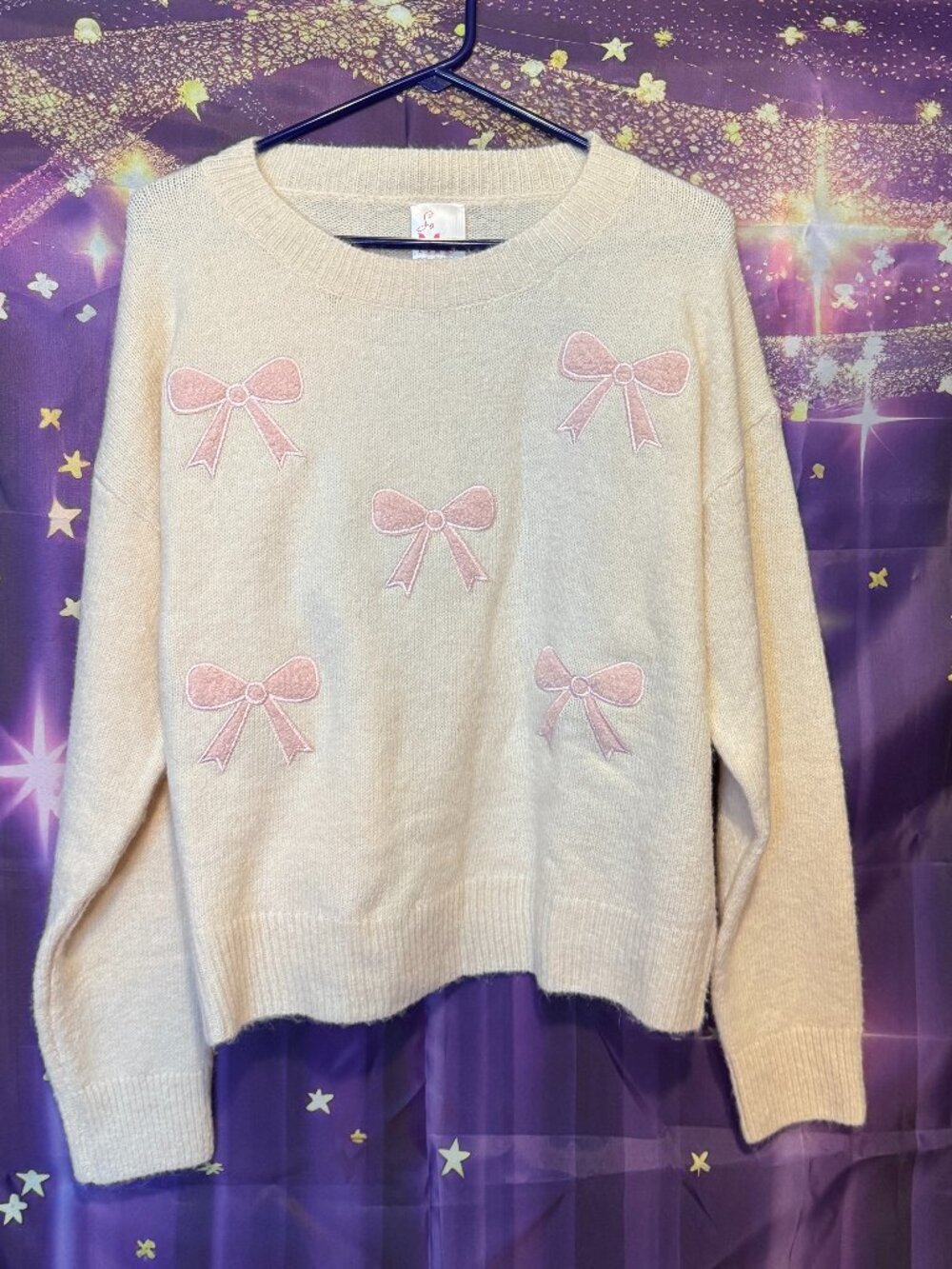 So Me - Cream Crewneck Sweater with Pink Bow Embroidery - Cream, Pink - XL - NWT
